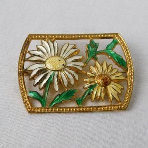 Metal Daisy Yellow White Cutout Rectangle Shaped Pin Brooch Gold Toned Vintage